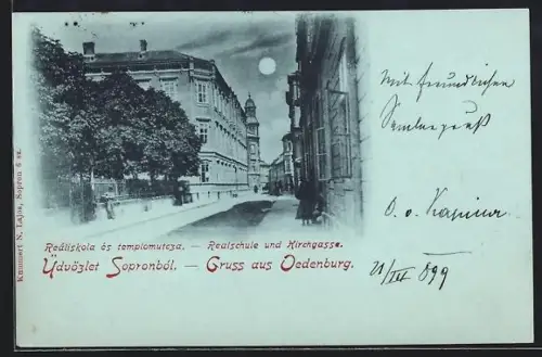 Mondschein-AK Oedenburg, Realschule und Kirchgasse