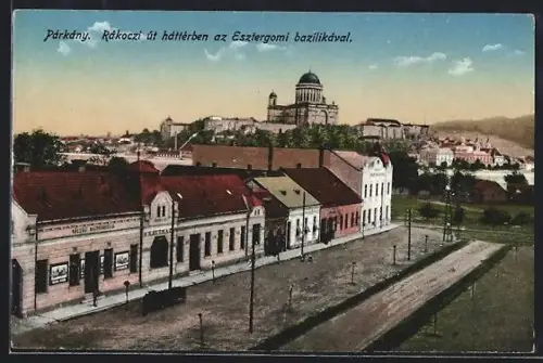 AK Párkány, Rakoczi út hátterbén az Esztergomi bazilikával