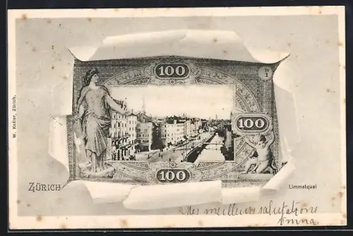 AK Zürich, Limmatquai auf einem 100 Franken Geldschein
