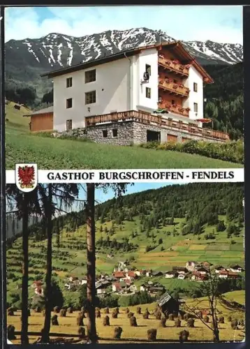 AK Fendels an der Dreiländerecke, Gasthof Burgschroffen, Ortsansicht