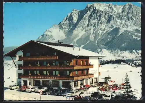 AK Lermoos /Tirol, Sporthotel Zugspitze Fam. Schneiderbauer, Winteransicht aus der Vogelschau