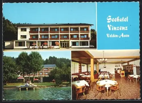 AK Velden /Auen, Seehotel Vinzenz, Süduferstrasse 154, mit Badestrand