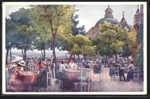 Künstler-AK Wien, Leopoldsberg, Restaurantgarten