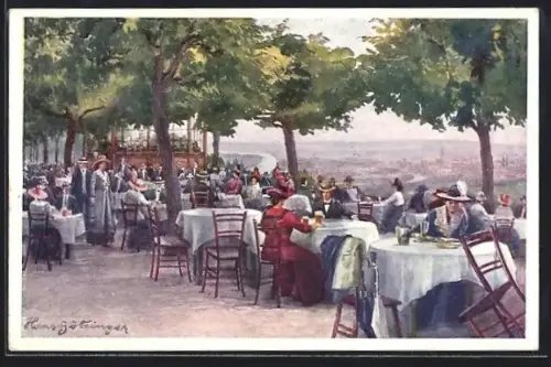 Künstler-AK Wien, Kahlenberg, Gartenrestaurant mit Terrasse und Stadtblick