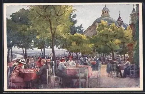 Künstler-AK Wien, Leopoldsberg, Restaurantgarten