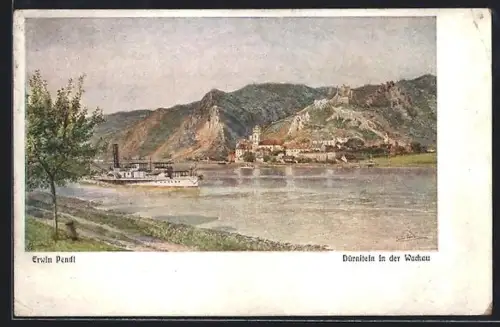 Künstler-AK Dürnstein in der Wachau, Donaupartie mit Dampfschiff und Ortspanorama