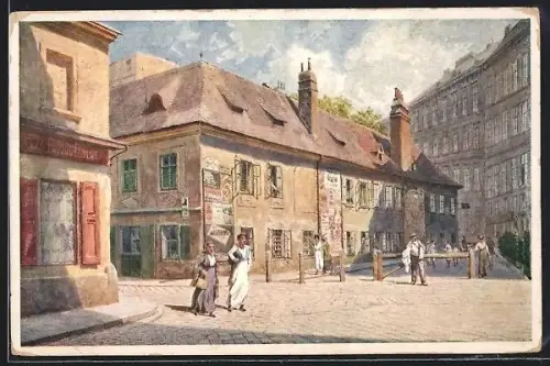 Künstler-AK Wien, Hechtengasse mit Passanten