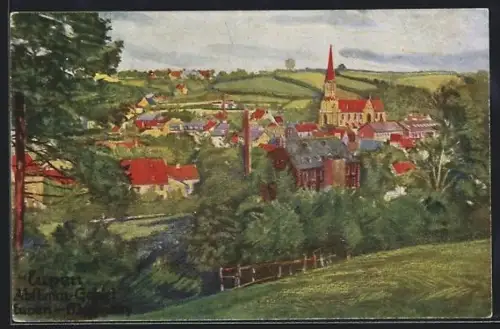 Künstler-AK Eupen, Ortsansicht vom Hügel aus