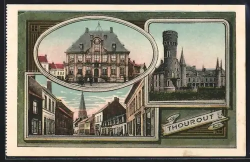 AK Thourout, Rathaus, Schloss, Strassenpartie