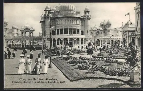 AK London, Franco-British Exhibition 1908, Congress Hall from Gardens