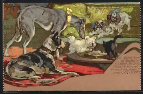 Künstler-AK sign. A. Hohenstein: Milano, Esposizio Internazio 1901, Hunde, Ausstellung