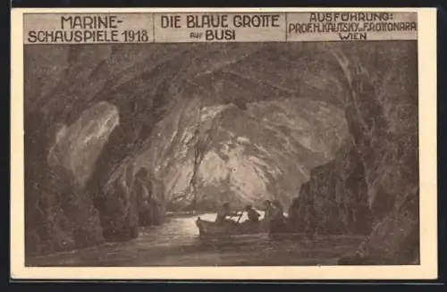 AK Wien, Marine-Schauspiele 1918, Die Blaue Grotte auf Busi, Matrosen im Ruderboot