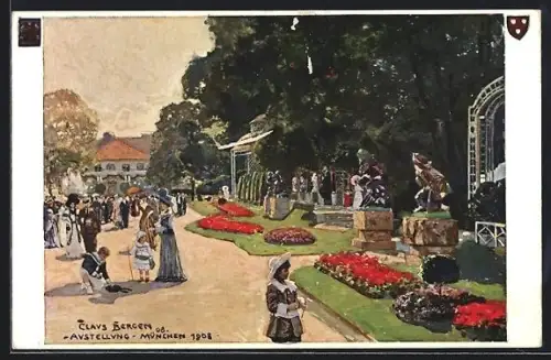 AK München, Ausstellung München 1908, Blick in den Park mit Anlagen