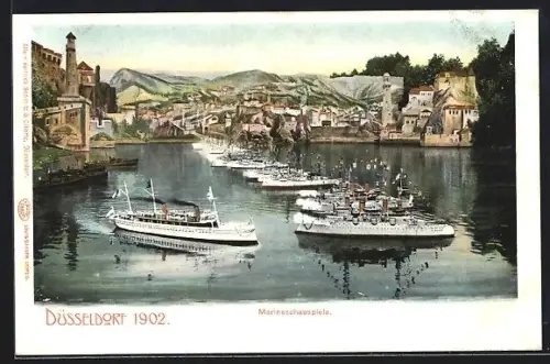 AK Düsseldorf, Industrie- und Gewerbe-Ausstellung 1902, Marineschauspiele, Kriegsschiff-Modelle Kaiserliche Marine