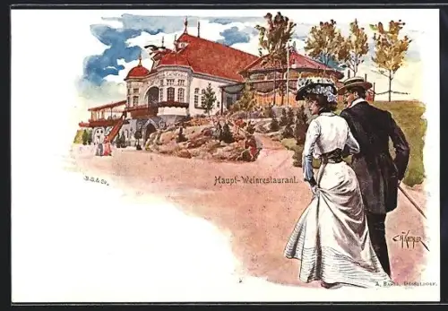 Künstler-AK Düsseldorf, Ausstellung Düsseldorf 1902, Haupt-Weinrestaurant