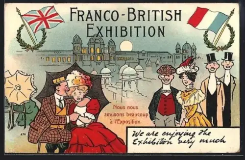 AK London, Franco-British Exhibition, British and French flags