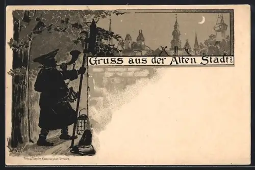 AK Dresden, Silhouette der Alten Stadt bei Nacht, Nachtwächter im Dienst
