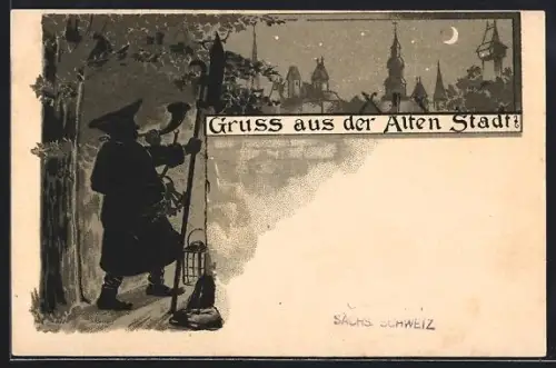 AK Dresden, Silhouette der Alten Stadt bei Nacht, Nachtwächter mit Horn