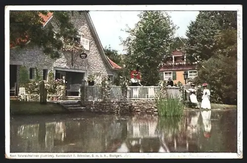 AK Stuttgart, Bauausstellung 1908, Teilansicht von einem Restaurant am See mit edel gekleideten Gästen