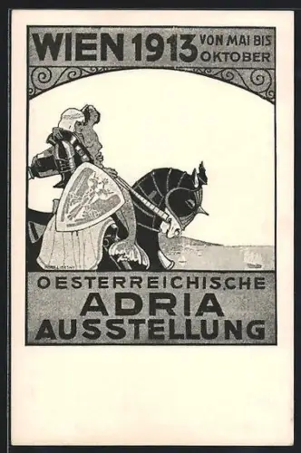 AK Wien, Österreich. Adria Ausstellung, Ritter reitet mit einer Meerjungfrau zurück zum Meer