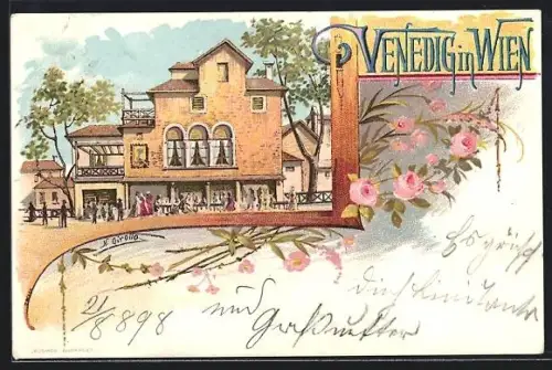 Lithographie Wien, Venedig in Wien, Restaurant mit Gästen