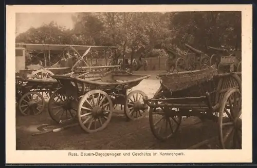 AK Hamburg, Deutsche Kriegs-Ausstellung 1916, Russ. Bauern-Bagagewagen und Geschütze im Kanonenpark