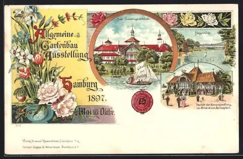 Lithographie Hamburg, Allgemeine Gartenbauausstellung 1897, Hauptgebäude, Hängebrücke & Pavillion d. Samenhandlung