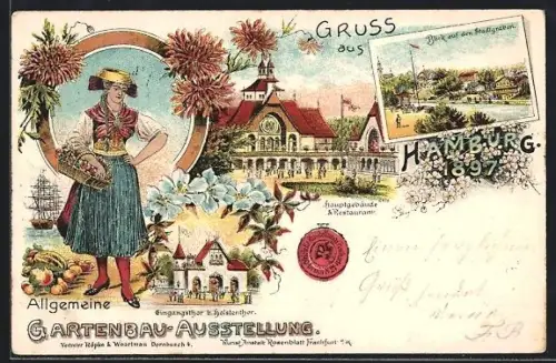 Lithographie Hamburg, Allgemeine Gartenbau-Ausstellung 1897, Dame in Tracht, Ausstellungsgebäude