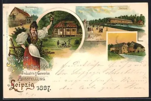 Lithographie Leipzig, Sächsisch Thüringische Industrie- & Gewerbe Ausstellung 1897, Bauernhaus, Thüringer Waldhütte