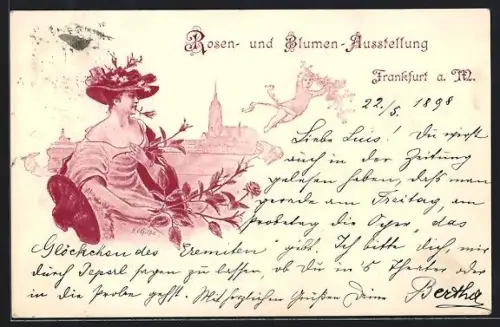AK Frankfurt a. M., Rosen- und Blumen-Ausstellung 1898, Dame mit Blumen am Hut und Rosen in der Hand