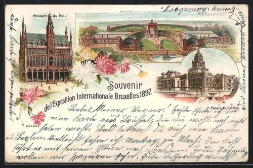 Lithographie Bruxelles, Ausstellung Exposition Internationale 1897, Maison du Roi, Palais du Justice