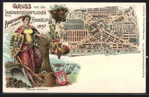 Lithographie Hamburg, Landwirtschaftliche Ausstellung 1897, Germania mit Schild und Ähren