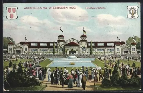AK Wiesbaden, Ausstellung 1909, Hauptgewerbehalle mit Anlage und Publikum, Wappen