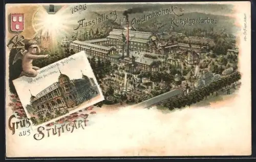 Lithographie Stuttgart, Ausstellung für Elektrotechnik und Kunstgewerbe 1896, Landesgewerbe-Museum, Engel, Wappen