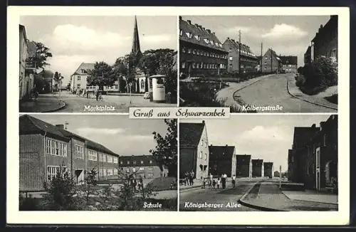 AK Schwarzenbek, Kolbergerstrasse, Schule und Marktplatz mit Litfasssäule