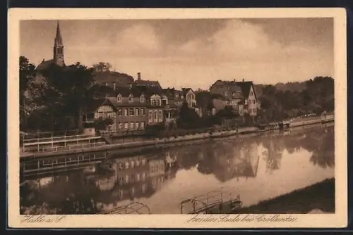 AK Halle a. S., An der Saale bei Cröllwitz mit Kirche
