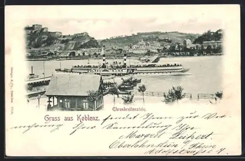 AK Koblenz, Dampfer und Blick auf Ehrenbreitstein