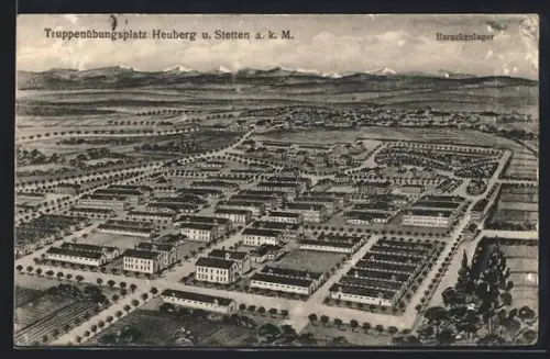 Künstler-AK Heuberg-Stetten, Der Truppenübungsplatz mit Barackenlager aus der Vogelschau
