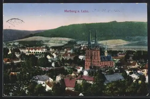 AK Marburg a. Lahn, Teilansicht mit Bergen im Hintergrund
