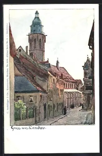 AK Landau, Strassenszene mit Kirchturm