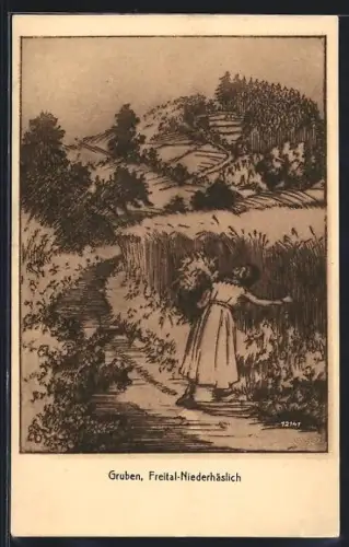 AK Gruben /Freital-Niederhäslich, Mädchen bei der Ernte auf Feldweg, Landschaft