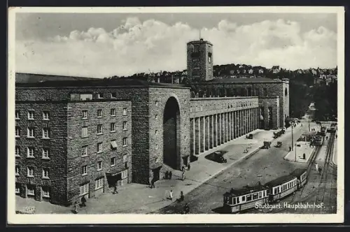 AK Stuttgart, Hauptbahnhof mit Strassenbahn