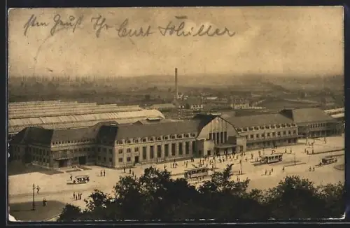 AK Karlsruhe, Neuer Hauptbahnhof, Strassenbahnen, Vorplatz