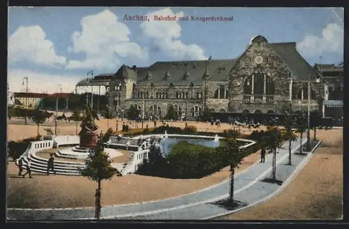 AK Aachen, Bahnhof, Kriegerdenkmal, Brunnen
