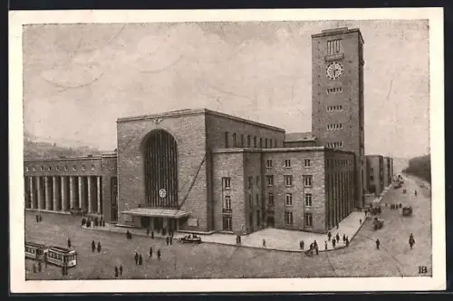AK Stuttgart, Hauptbahnhof, Strassenbahnen, Uhrturm