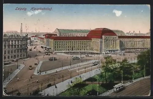 AK Leipzig, Hauptbahnhof mit Strassenbahn