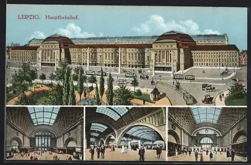 AK Leipzig, Hauptbahnhof, Aussenansicht und Innenansichten, Strassenbahnen