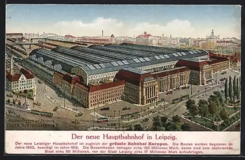 AK Leipzig, Hauptbahnhof mit Strassenbahnen