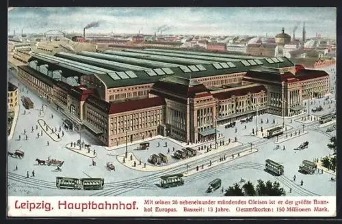 AK Leipzig, Hauptbahnhof mit Strassenbahnen