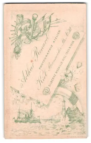 Fotografie Arthur Renard, Kiel, Brunswiekerstrasse 30, Kriegsschiff mit Leuchtturm, Ankler, Reichskriegsfahne